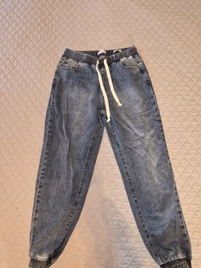 Forever 21 Women's Washed Blue Denim Jogger with Drawstring